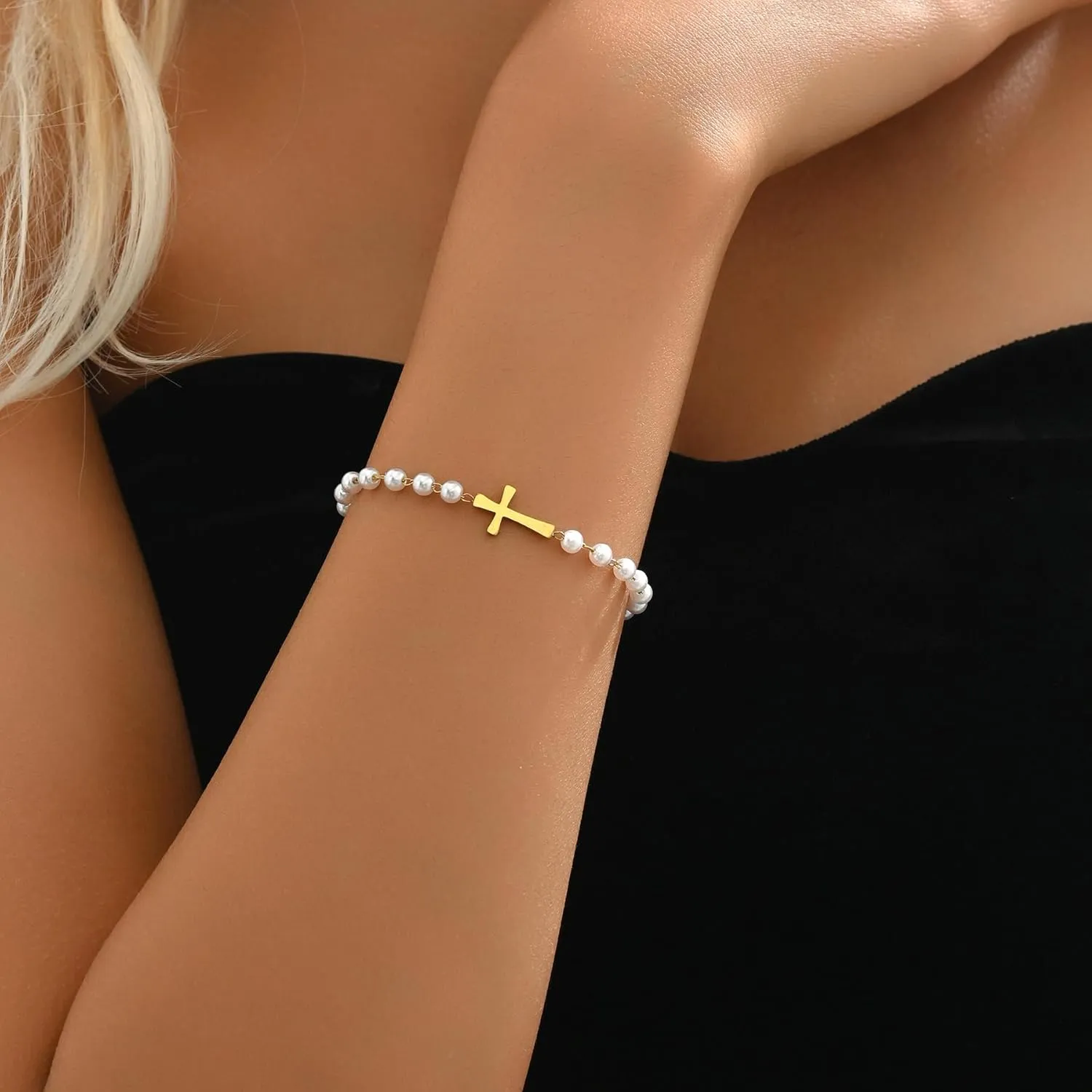 Cross Bracelet for Women 18K Gold Plated Dainty Pearl Beaded Cross Bracelets Adjustable Stainless Steel Trendy Wedding Bridesmaid Jewelry