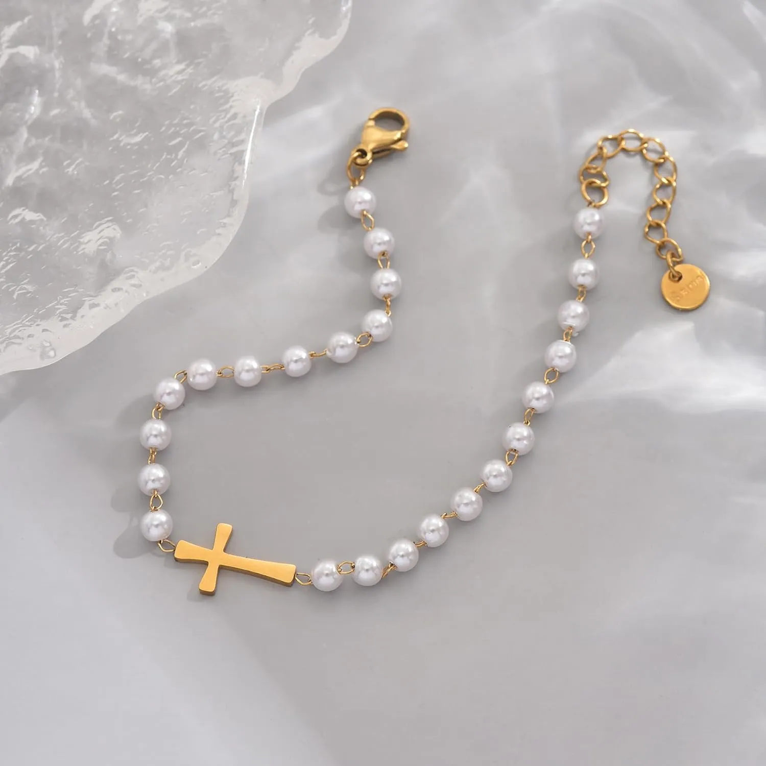 Cross Bracelet for Women 18K Gold Plated Dainty Pearl Beaded Cross Bracelets Adjustable Stainless Steel Trendy Wedding Bridesmaid Jewelry