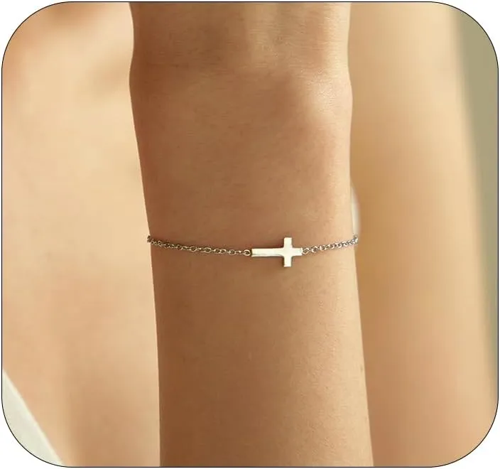 Cross Bracelet for Women 18K Gold Plated Dainty Pearl Beaded Cross Bracelets Adjustable Stainless Steel Trendy Wedding Bridesmaid Jewelry