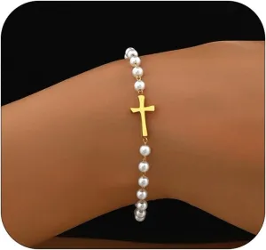 Cross Bracelet for Women 18K Gold Plated Dainty Pearl Beaded Cross Bracelets Adjustable Stainless Steel Trendy Wedding Bridesmaid Jewelry