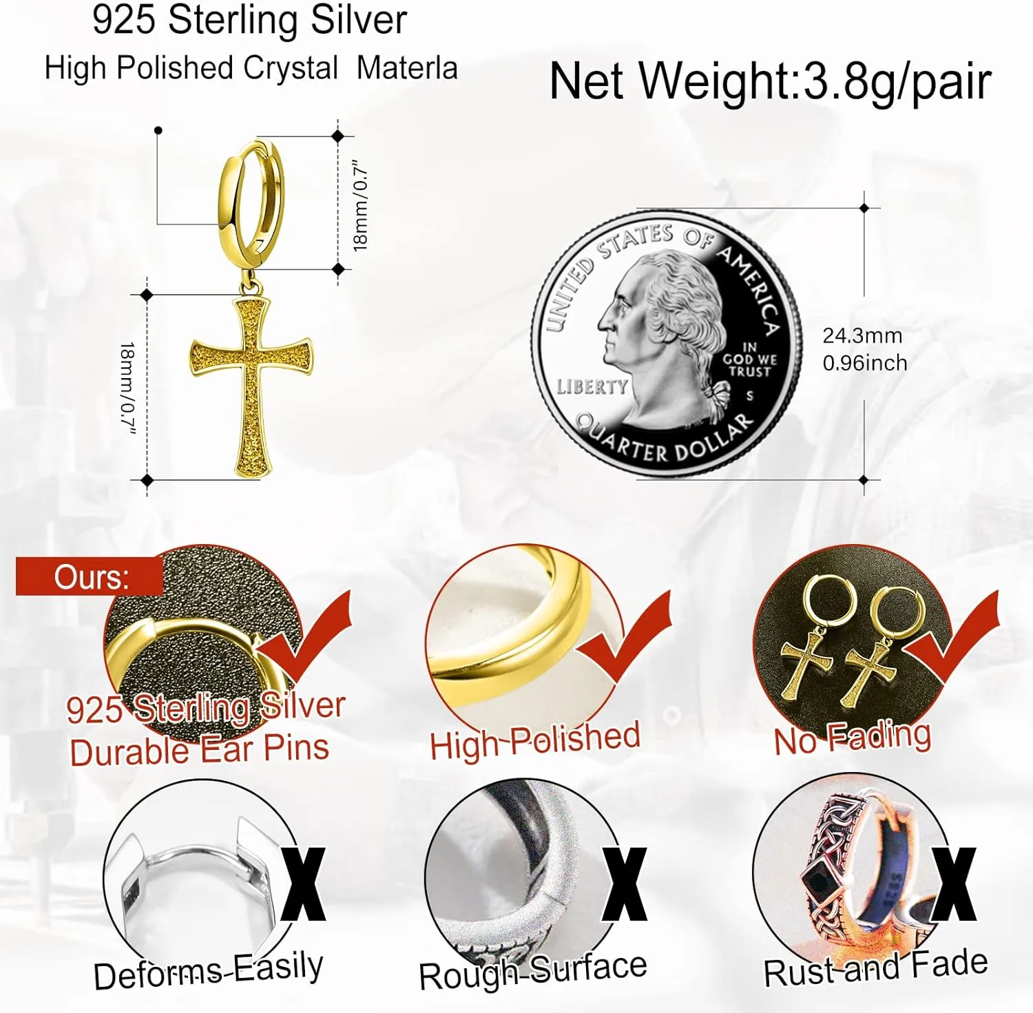 Cross earrings 925 Sterling silver/Black/Gold Cross Hoop Earrings Unisex cross earrings for Men Women