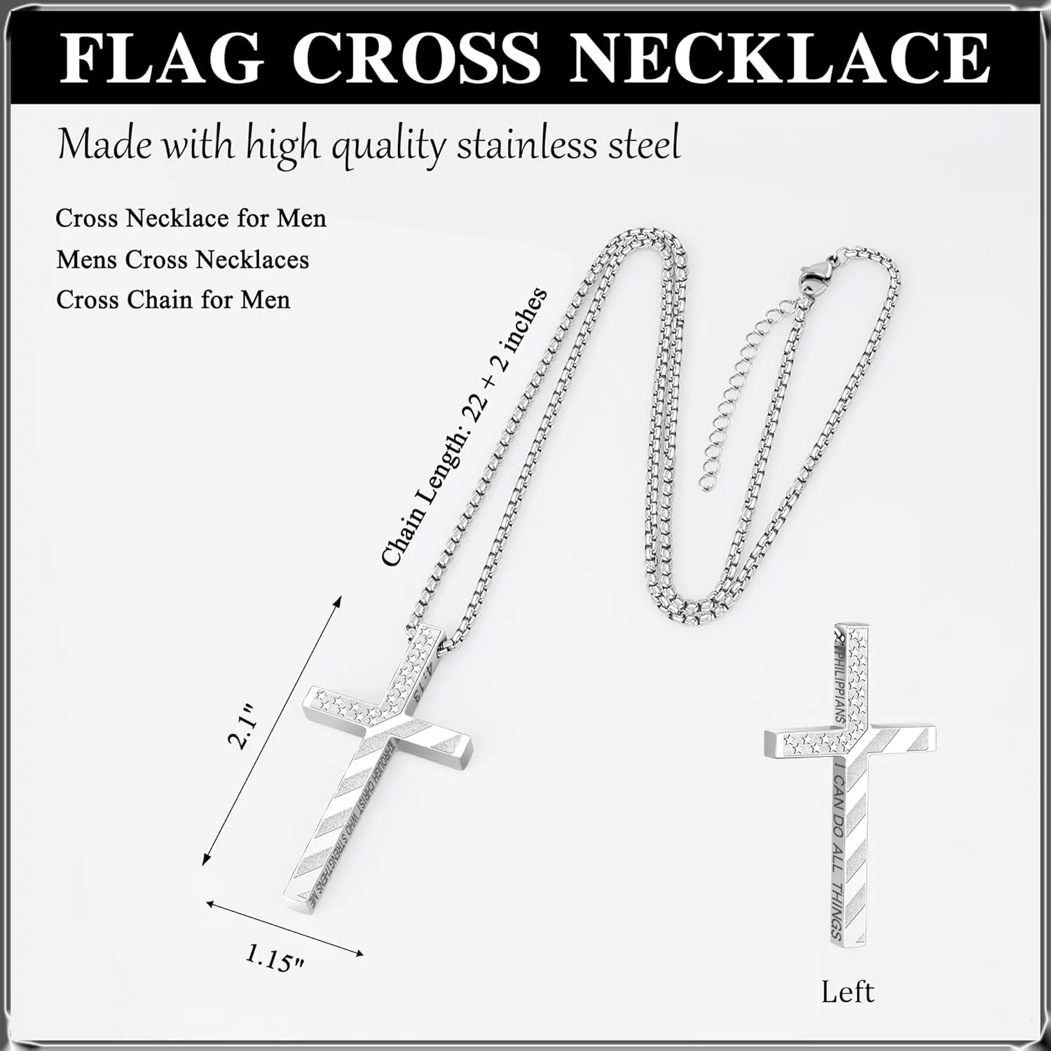 Cross Necklace for Men, Christian Religious Jewelry Gifts for Men Birthday Graduation Christmas Baptism Confirmation Communion Cross Stainless Steel Chain Gift 22 2 Inches