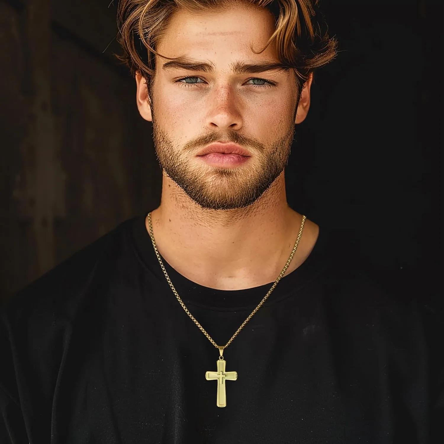 Cross Necklace For Men, Gold Cross Necklace For Men, Stainless Steel Cross Necklace With Chain 27.56 Inches (One More ldentical Chain 23.6 Inch), Cross Pendant Chain, 18K Gold Plated Cross Necklace
