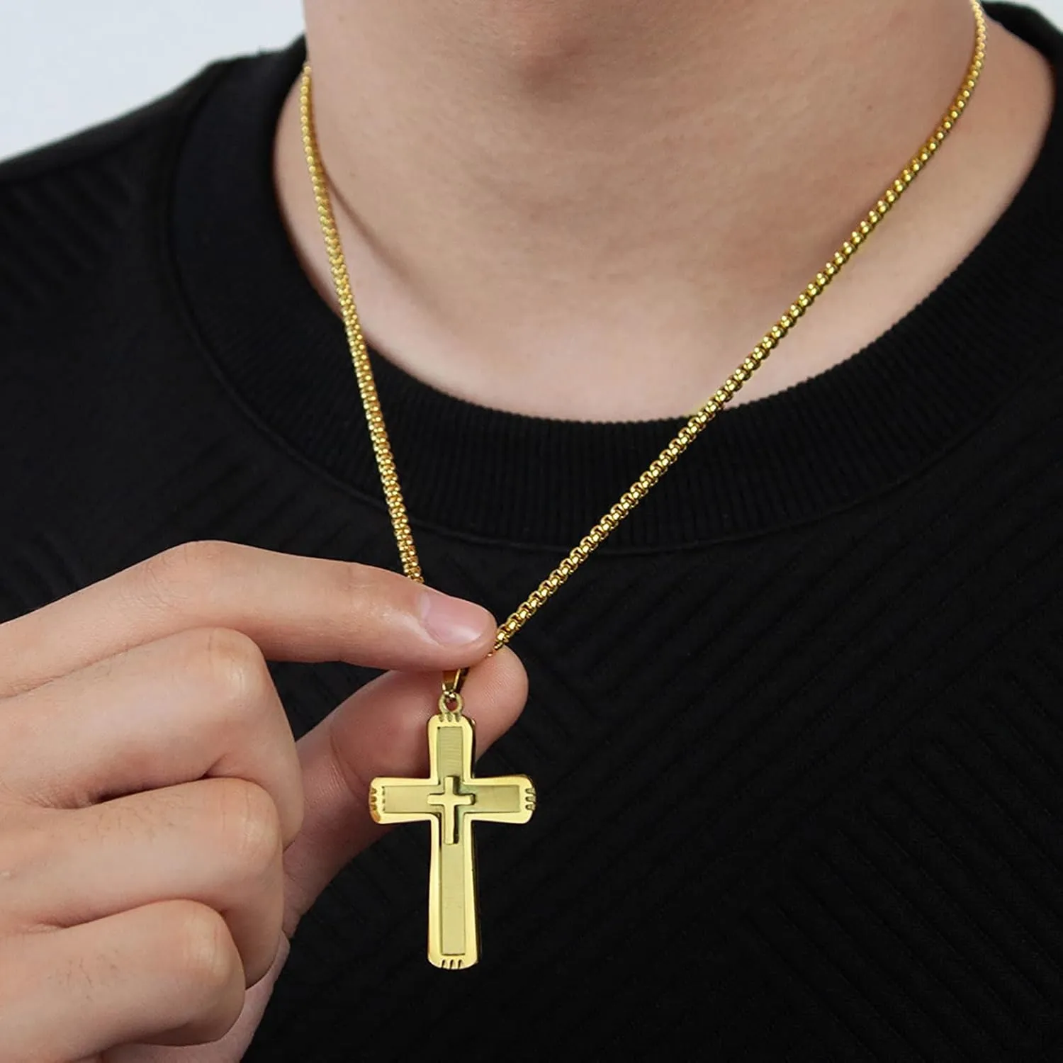 Cross Necklace For Men, Gold Cross Necklace For Men, Stainless Steel Cross Necklace With Chain 27.56 Inches (One More ldentical Chain 23.6 Inch), Cross Pendant Chain, 18K Gold Plated Cross Necklace