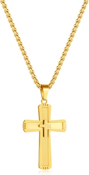 Cross Necklace For Men, Gold Cross Necklace For Men, Stainless Steel Cross Necklace With Chain 27.56 Inches (One More ldentical Chain 23.6 Inch), Cross Pendant Chain, 18K Gold Plated Cross Necklace