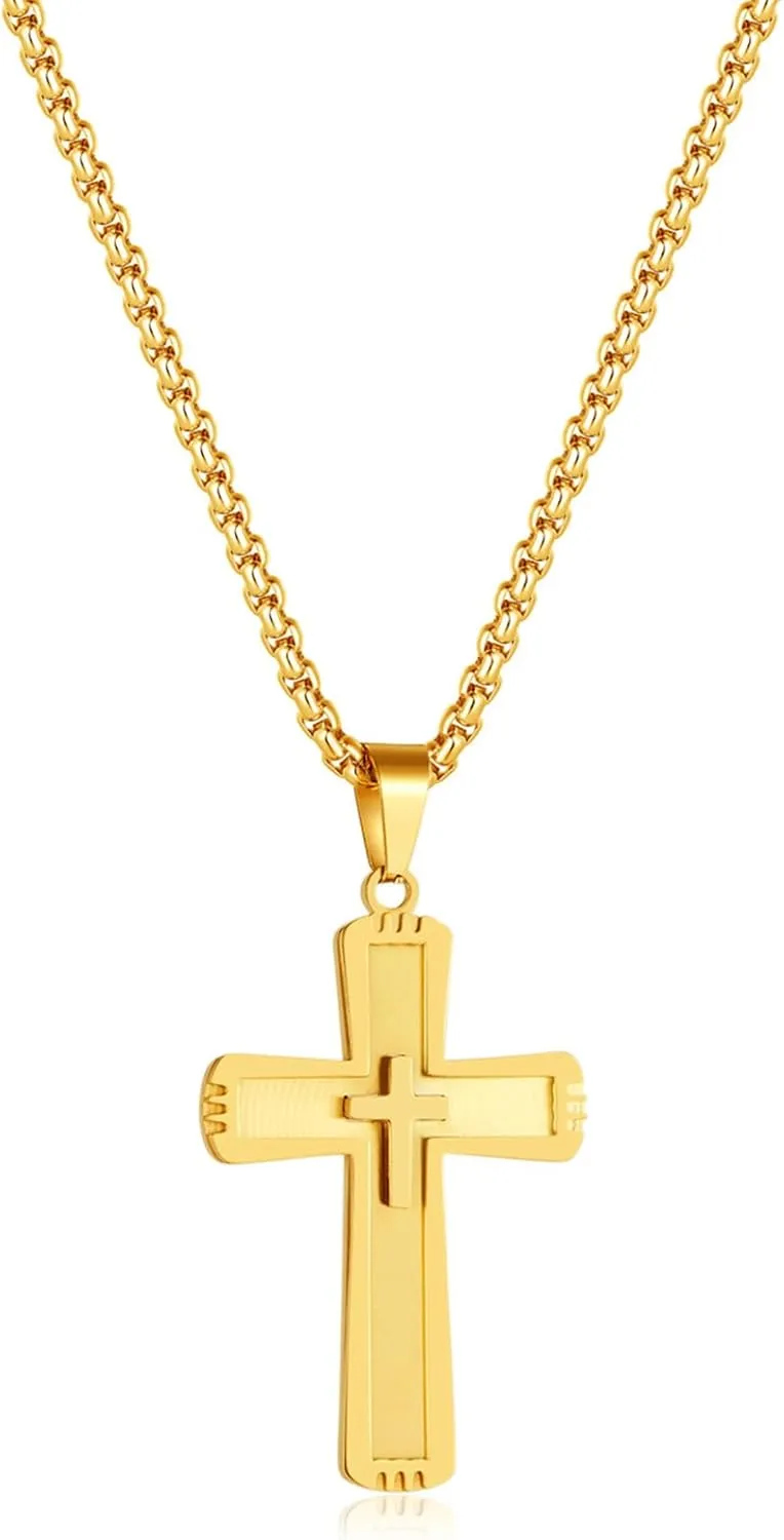 Cross Necklace For Men, Gold Cross Necklace For Men, Stainless Steel Cross Necklace With Chain 27.56 Inches (One More ldentical Chain 23.6 Inch), Cross Pendant Chain, 18K Gold Plated Cross Necklace