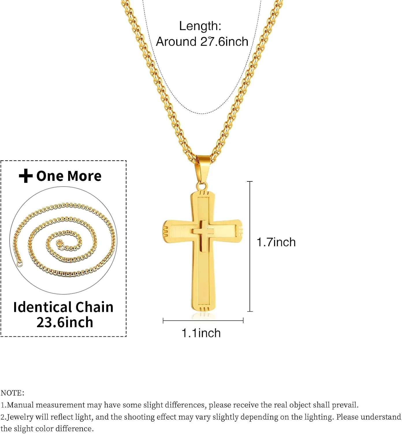 Cross Necklace For Men, Gold Cross Necklace For Men, Stainless Steel Cross Necklace With Chain 27.56 Inches (One More ldentical Chain 23.6 Inch), Cross Pendant Chain, 18K Gold Plated Cross Necklace
