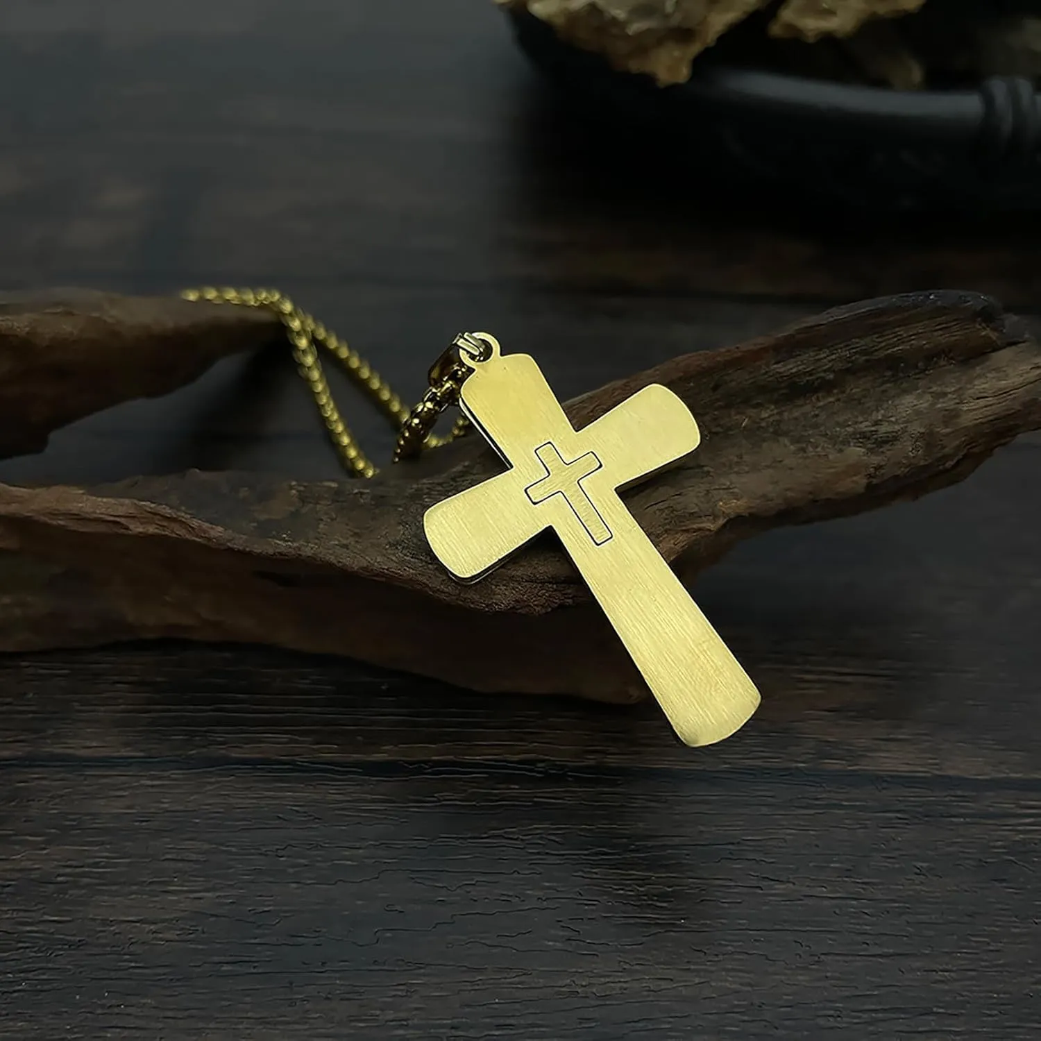 Cross Necklace For Men, Gold Cross Necklace For Men, Stainless Steel Cross Necklace With Chain 27.56 Inches (One More ldentical Chain 23.6 Inch), Cross Pendant Chain, 18K Gold Plated Cross Necklace
