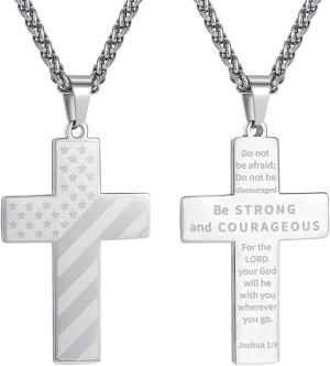 Cross Necklace for Men Stainless Steel Bible Verse American Flag Cross Necklace First Communion Baptism Religious Sports Jewelry Gift for Men 16-24 Inches