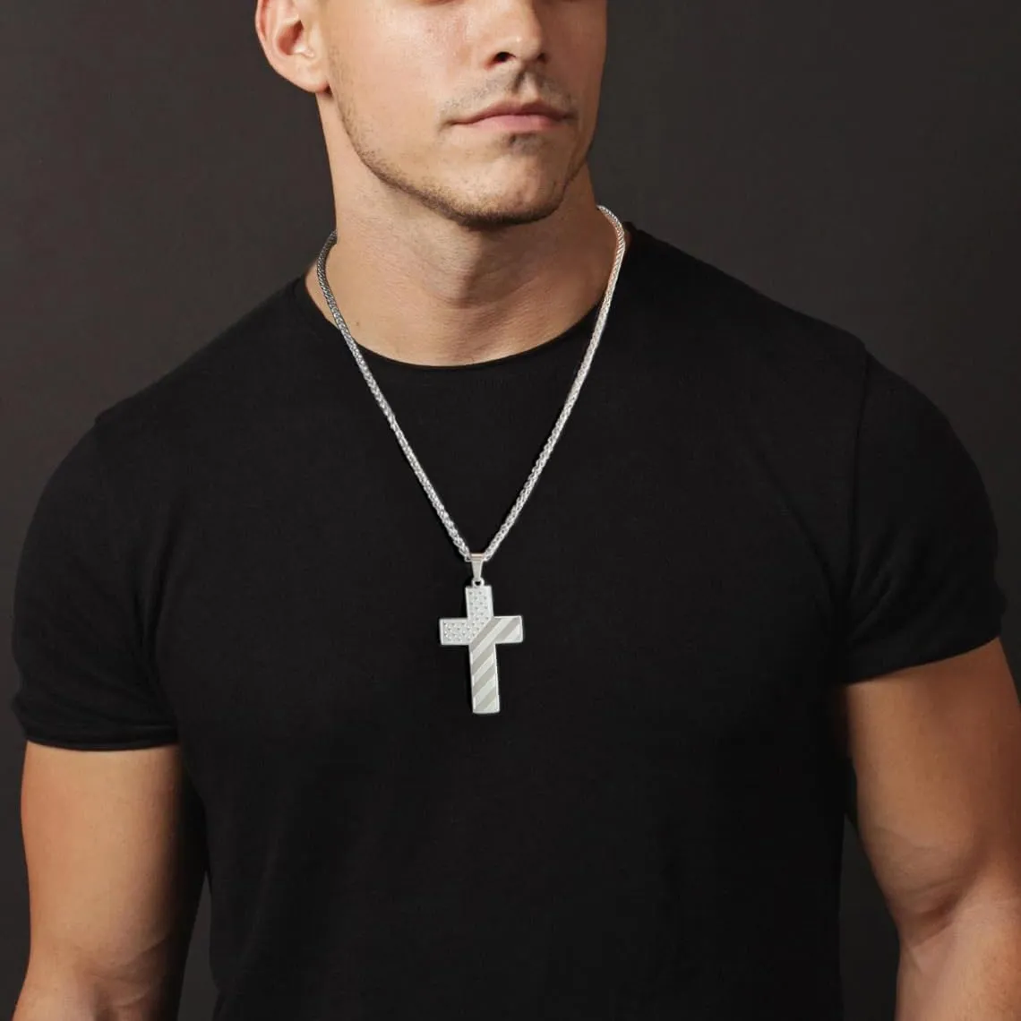 Cross Necklace for Men Stainless Steel Bible Verse American Flag Cross Necklace First Communion Baptism Religious Sports Jewelry Gift for Men 16-24 Inches