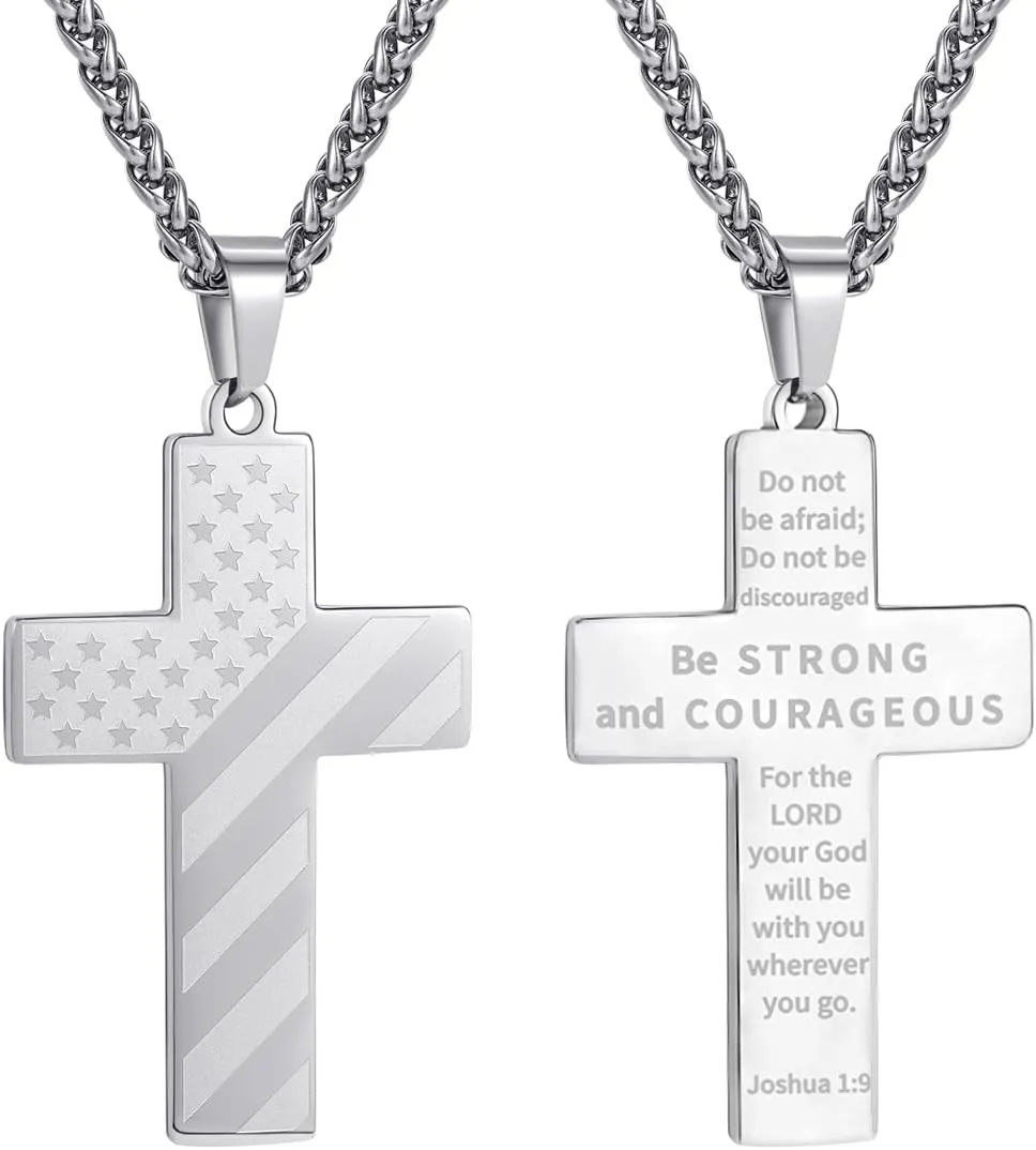 Cross Necklace for Men Stainless Steel Bible Verse American Flag Cross Necklace First Communion Baptism Religious Sports Jewelry Gift for Men 16-24 Inches