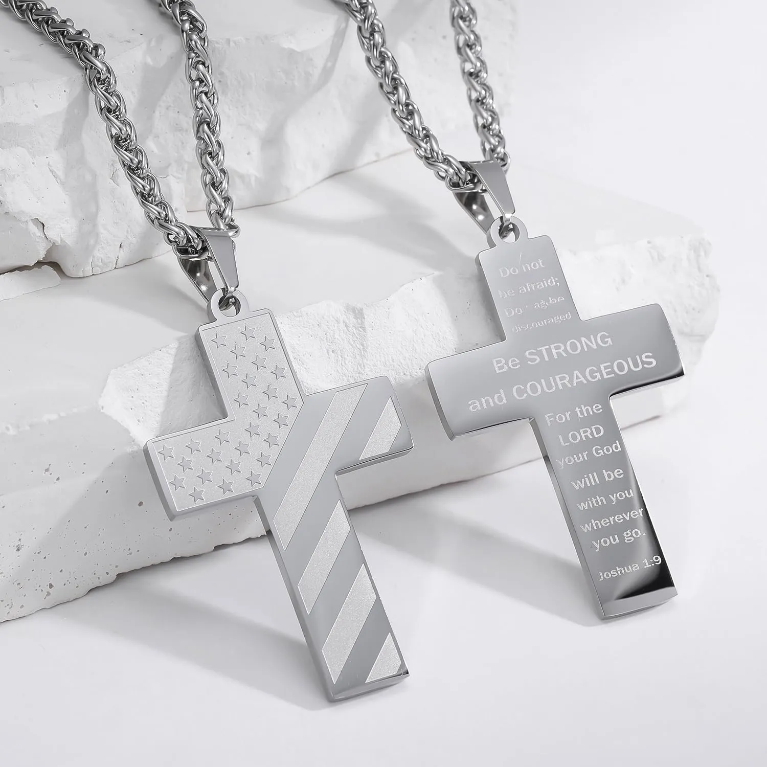 Cross Necklace for Men Stainless Steel Bible Verse American Flag Cross Necklace First Communion Baptism Religious Sports Jewelry Gift for Men 16-24 Inches