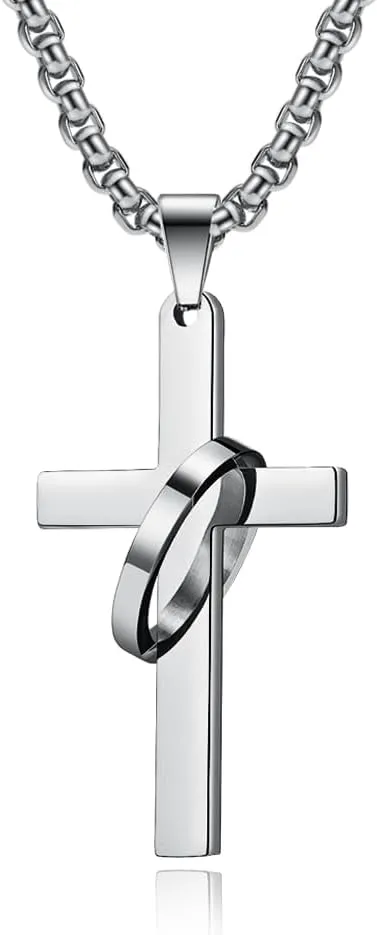 Cross Necklace for Men,Stainless Steel Black Gold Silver Jesus Christ Crucifix Pendant Necklace Jewelry60cm Rolo Chain