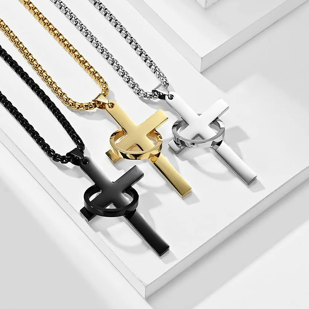 Cross Necklace for Men,Stainless Steel Black Gold Silver Jesus Christ Crucifix Pendant Necklace Jewelry60cm Rolo Chain
