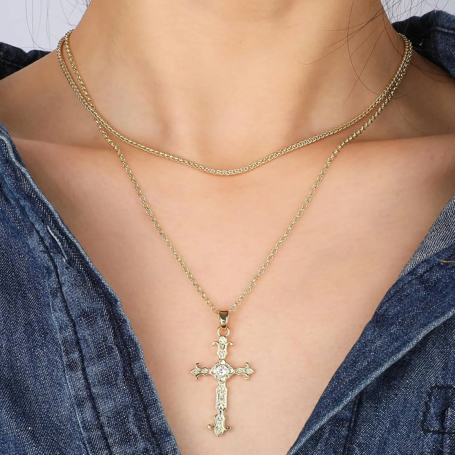 Cross Necklace for Women, 14K Gold Plated Dainty Crucifix Necklace CZ Faith Gold Cross Pendant Necklaces, Diamond Cross Pendant Dainty Cubic Zirconia Cross Necklace Jewelry Gift for Her
