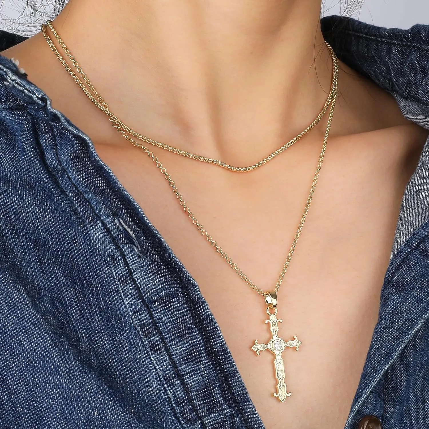 Cross Necklace for Women, 14K Gold Plated Dainty Crucifix Necklace CZ Faith Gold Cross Pendant Necklaces, Diamond Cross Pendant Dainty Cubic Zirconia Cross Necklace Jewelry Gift for Her