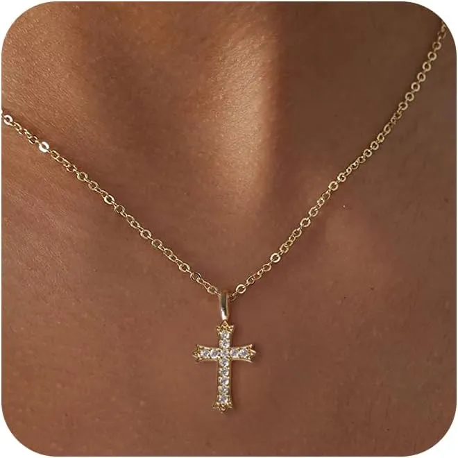 Cross Necklace for Women 14K Gold/Silver Plated Dainty Small Cross Pendant Choker Simple Trendy Cute Cross Charm Chain Necklace Faith Jewelry