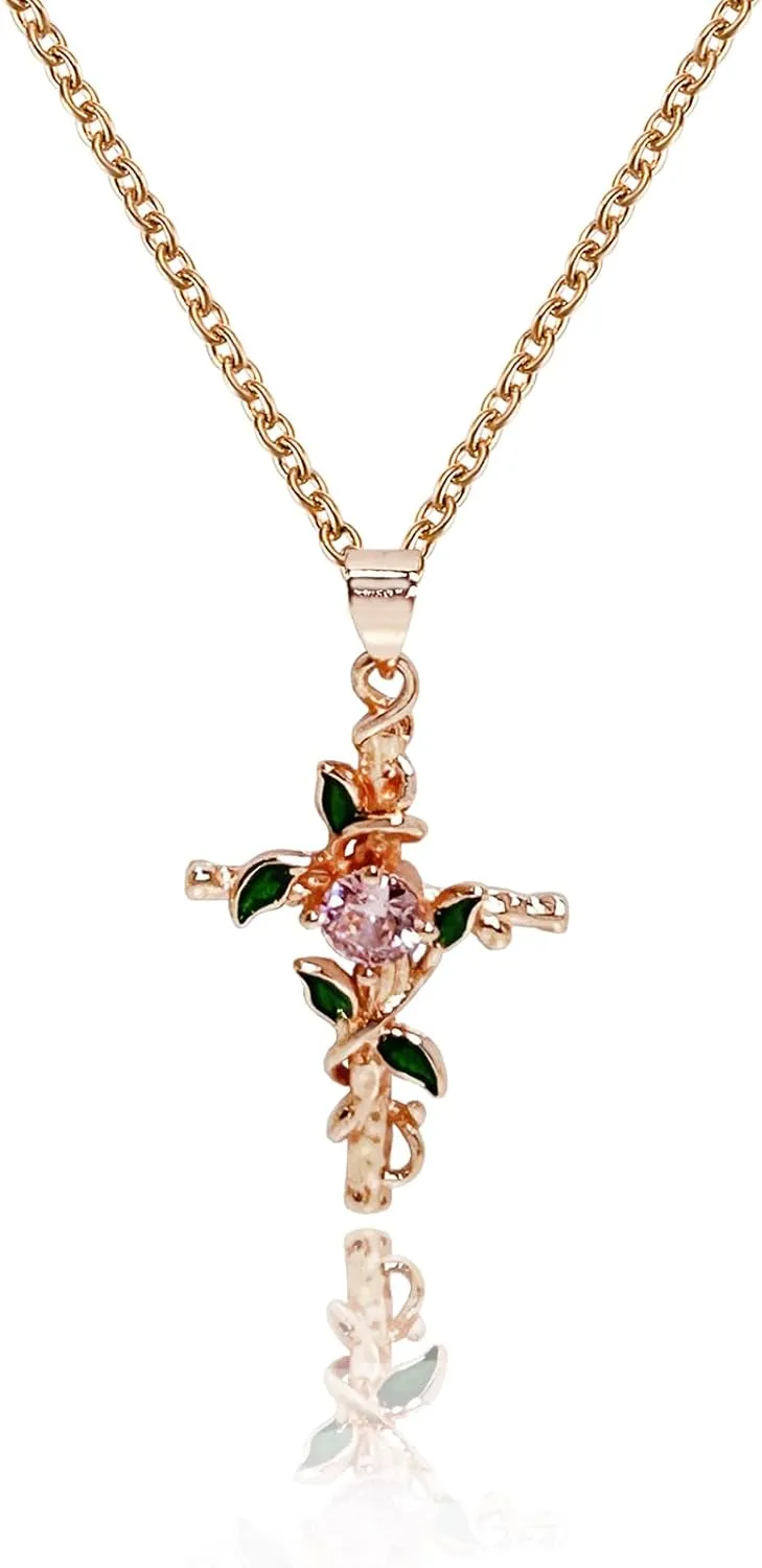 Cross Necklace for Women,Gold Plated Birthstone Cross Pendant with Birth Flower Cross Necklace Romantic Necklace for Birthday Anniversary Valentine's Day Christmas