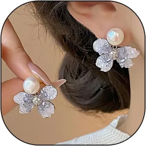 Crystal Flower Pearl Stud Earrings for Women Vintage Petal Rhinestone Dangle Earrings Pink Cz Gradient Color Drop Earrings Dainty Jewelry Gifts