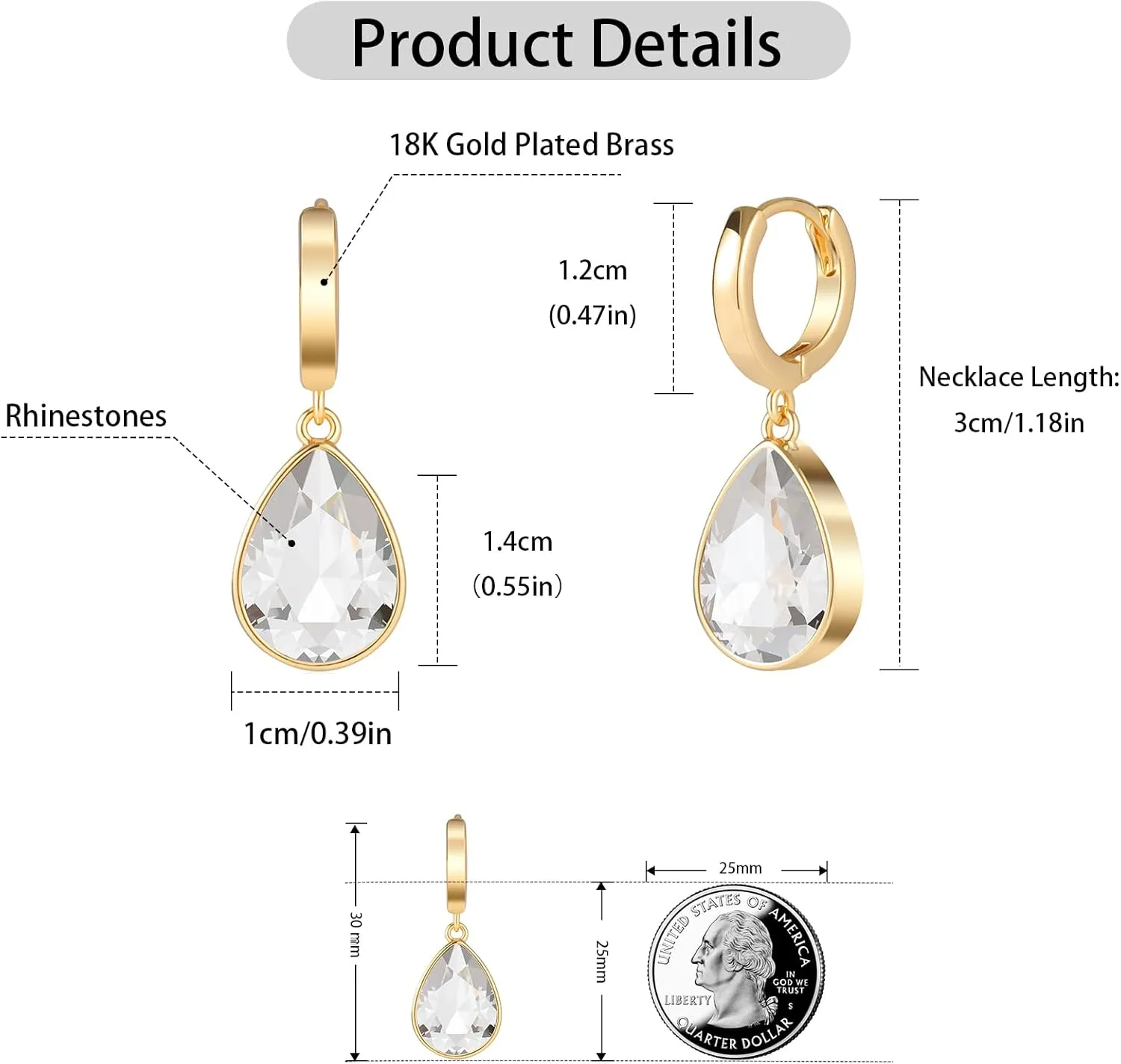 Crystals Teardrop Dangle Drop Earrings, 18K Gold Plated Hoop Earrings Zirconia Jewelry for Women Gifts