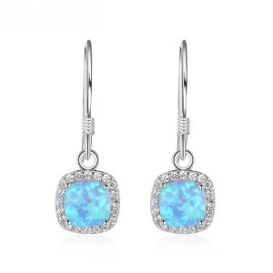 Cushion Cut Blue Opal Pendant Zircon Soleste Halo Sterling Silver Hook Earrings