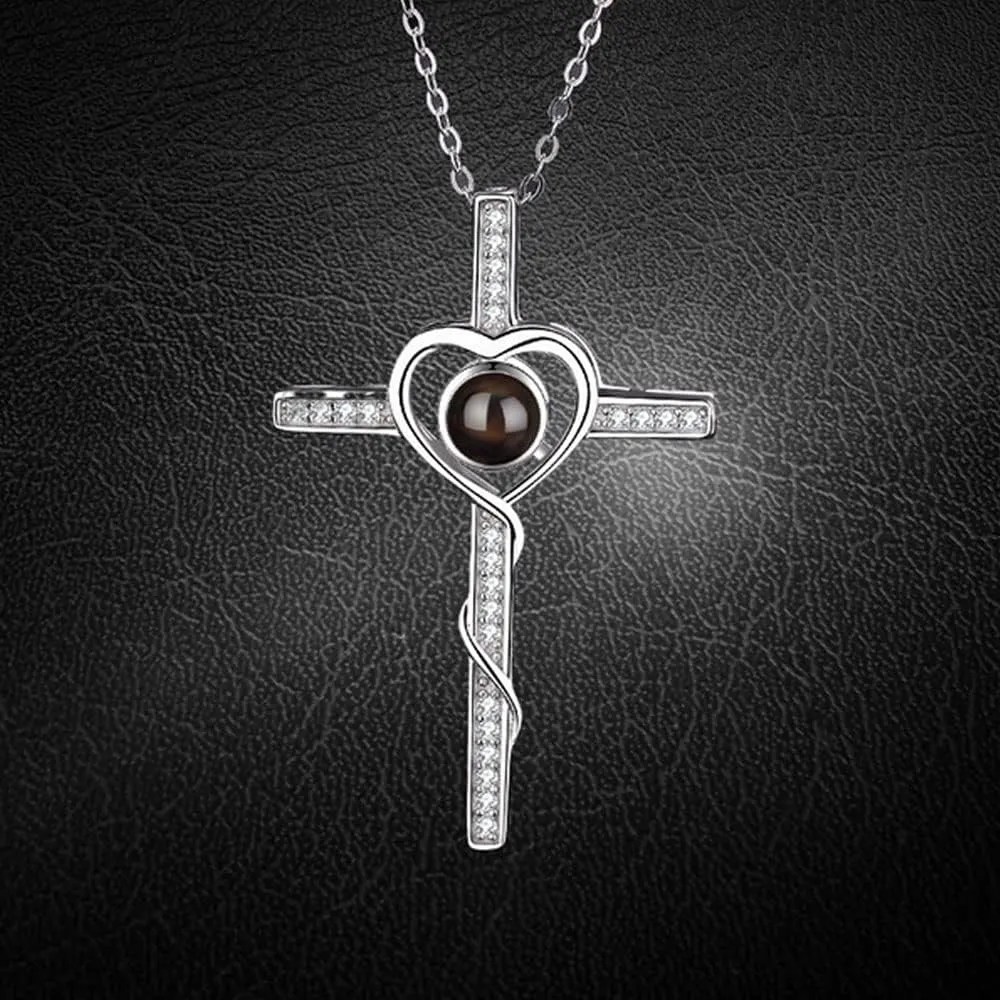 Custom Cross Photo Projection Necklace with Picture Inside Personalized Photo Necklace Heart Cross Pendant Necklaces for Men Women Wife Husbands Mother Father's Day