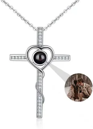 Custom Cross Photo Projection Necklace with Picture Inside Personalized Photo Necklace Heart Cross Pendant Necklaces for Men Women Wife Husbands Mother Father's Day