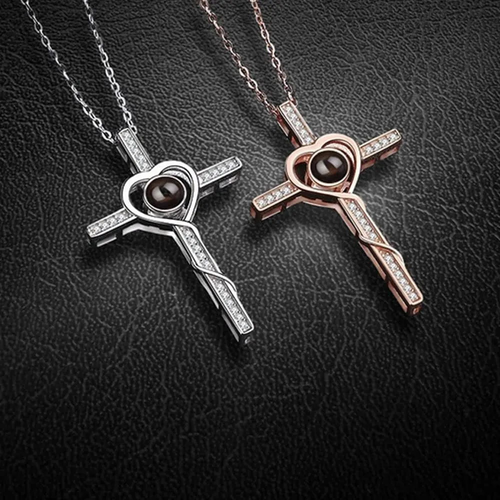 Custom Cross Photo Projection Necklace with Picture Inside Personalized Photo Necklace Heart Cross Pendant Necklaces for Men Women Wife Husbands Mother Father's Day