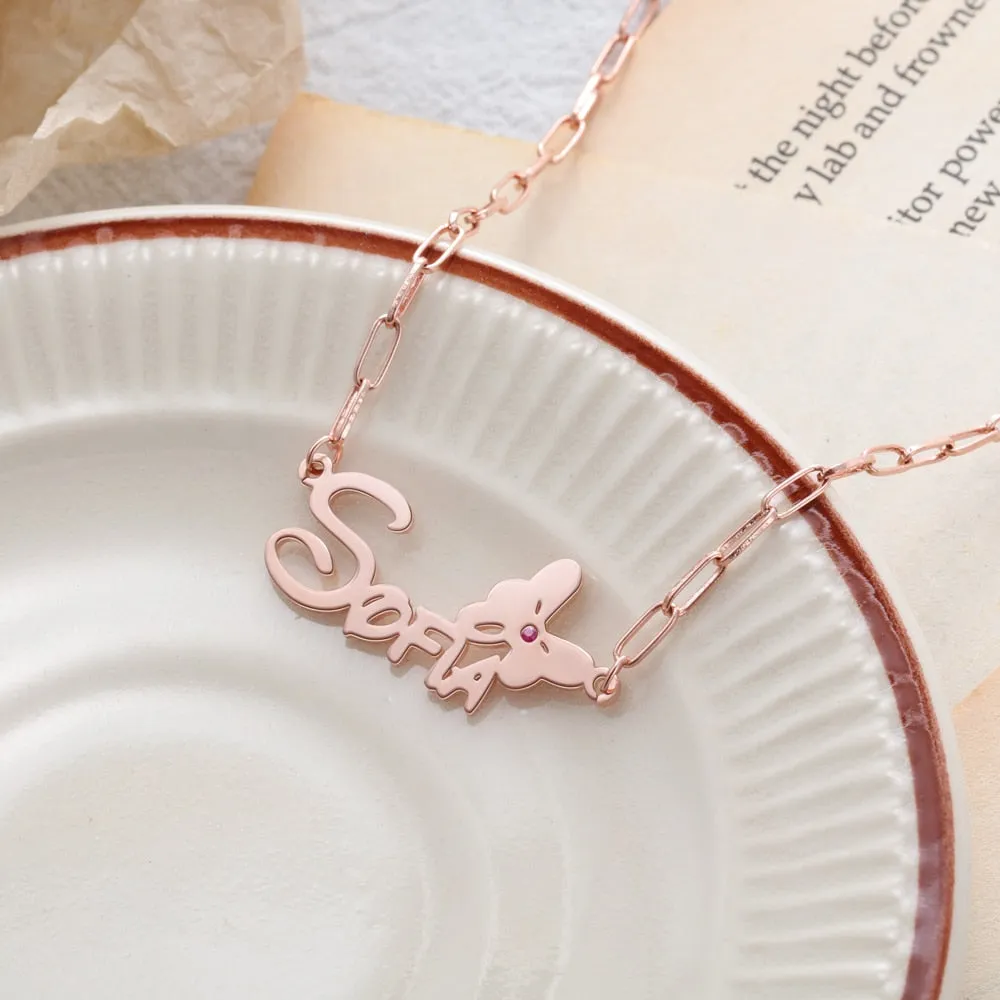 Custom Name Butterfly Nameplate with Birthstone Personalized Link Chain Necklace Gift for Wife