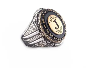 Custom Personalized Letter Ring, Beautiful Handcrafted Personalized 925K Solid Sterling Silver Onyx Stone Men's Ring RP77
