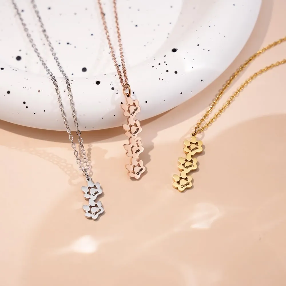 Custom Pet Paw Print Necklace Stainless Steel Dog Cat Puppy Kitten Pendant Remembrance Memorial Minimalist Animal Jewelry with 1-5 Name Engraved for Pet Lovers Women Men Gift