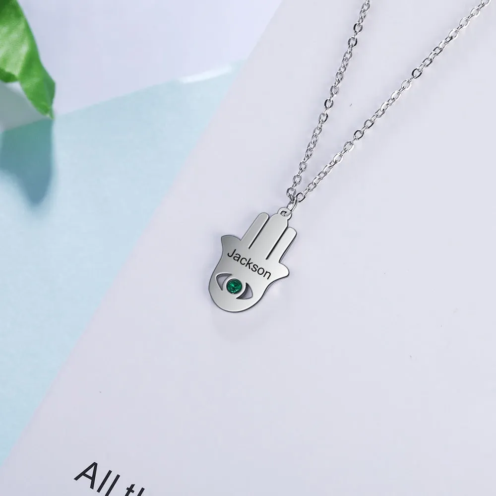Customized Good Luck Hamsa Hand Fatima Necklace Personalized Name Engraved Inlaid Birthstone Necklace Gifts for Mother