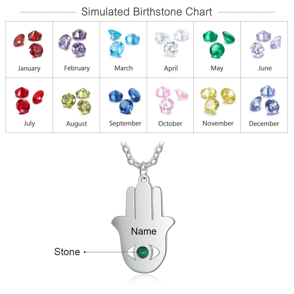 Customized Good Luck Hamsa Hand Fatima Necklace Personalized Name Engraved Inlaid Birthstone Necklace Gifts for Mother