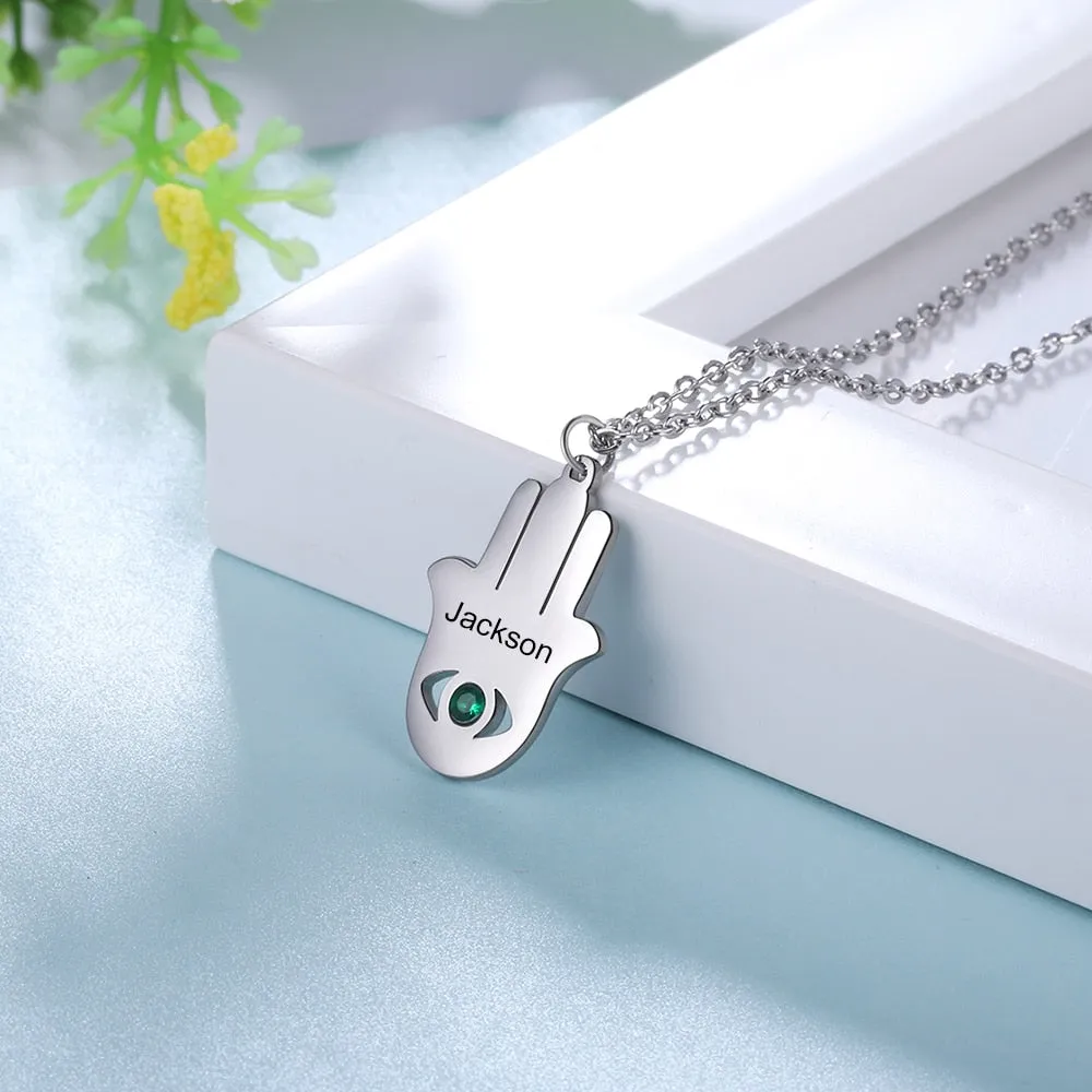 Customized Good Luck Hamsa Hand Fatima Necklace Personalized Name Engraved Inlaid Birthstone Necklace Gifts for Mother