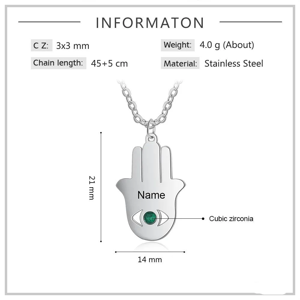 Customized Good Luck Hamsa Hand Fatima Necklace Personalized Name Engraved Inlaid Birthstone Necklace Gifts for Mother