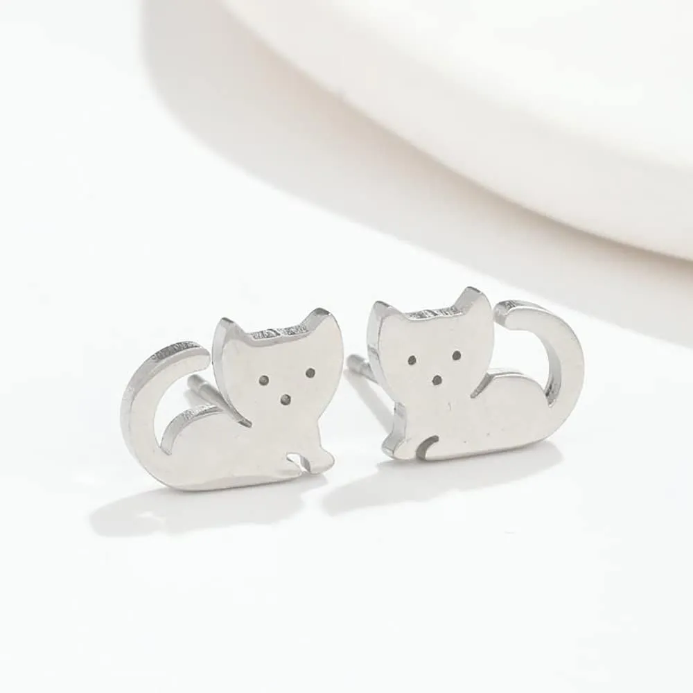 Cute Cat Tiny Stud Earrings for Women Teen Girls Stainless Steel Kitten Cartilage Small Studs Earring Simple Jewelry Gifts Birthday