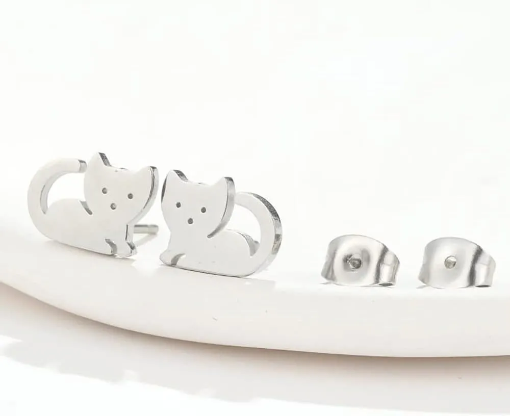 Cute Cat Tiny Stud Earrings for Women Teen Girls Stainless Steel Kitten Cartilage Small Studs Earring Simple Jewelry Gifts Birthday