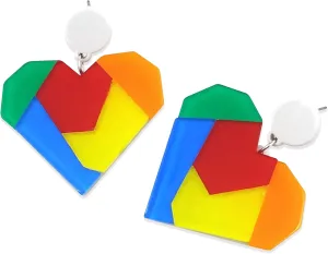 Cute Colorful Rainbow Heart Dangle Earrings Unique Acrylic Puzzle Drop Earrings Jewelry Gifts For Women