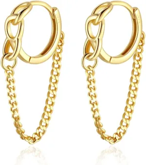 Cute Dainty 10MM Small Minimalist Tassel Chain Link Drop Dangle Huggie Hoop Earrings 925 Sterling Silver Gold Plated Hinged Sleeper