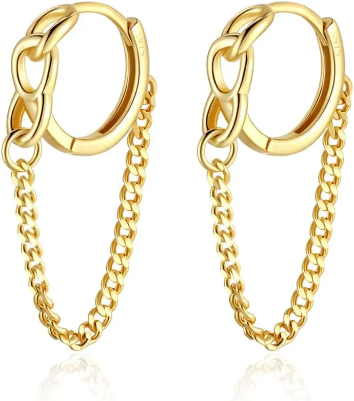 Cute Dainty 10MM Small Minimalist Tassel Chain Link Drop Dangle Huggie Hoop Earrings 925 Sterling Silver Gold Plated Hinged Sleeper