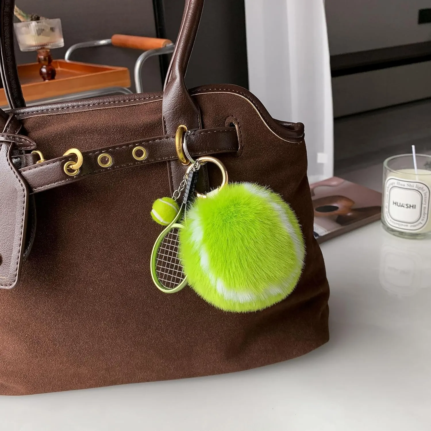 Cute Pom Pom Tennis Ball Key Chain Colorful Tennis Racket Key Rings Sports Gift for Women Men