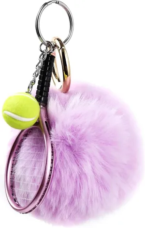 Cute Pom Pom Tennis Ball Key Chain Colorful Tennis Racket Key Rings Sports Gift for Women Men