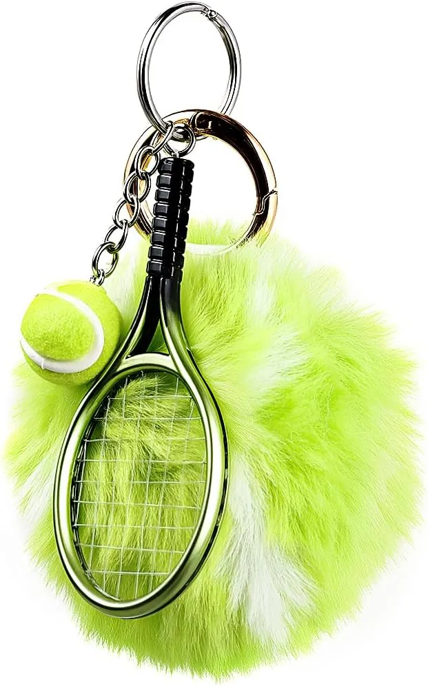 Cute Pom Pom Tennis Ball Key Chain Colorful Tennis Racket Key Rings Sports Gift for Women Men