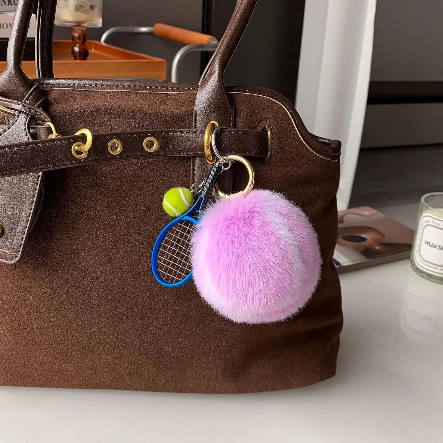 Cute Pom Pom Tennis Ball Key Chain Colorful Tennis Racket Key Rings Sports Gift for Women Men