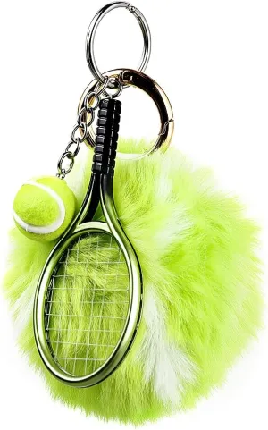 Cute Pom Pom Tennis Ball Key Chain Colorful Tennis Racket Key Rings Sports Gift for Women Men