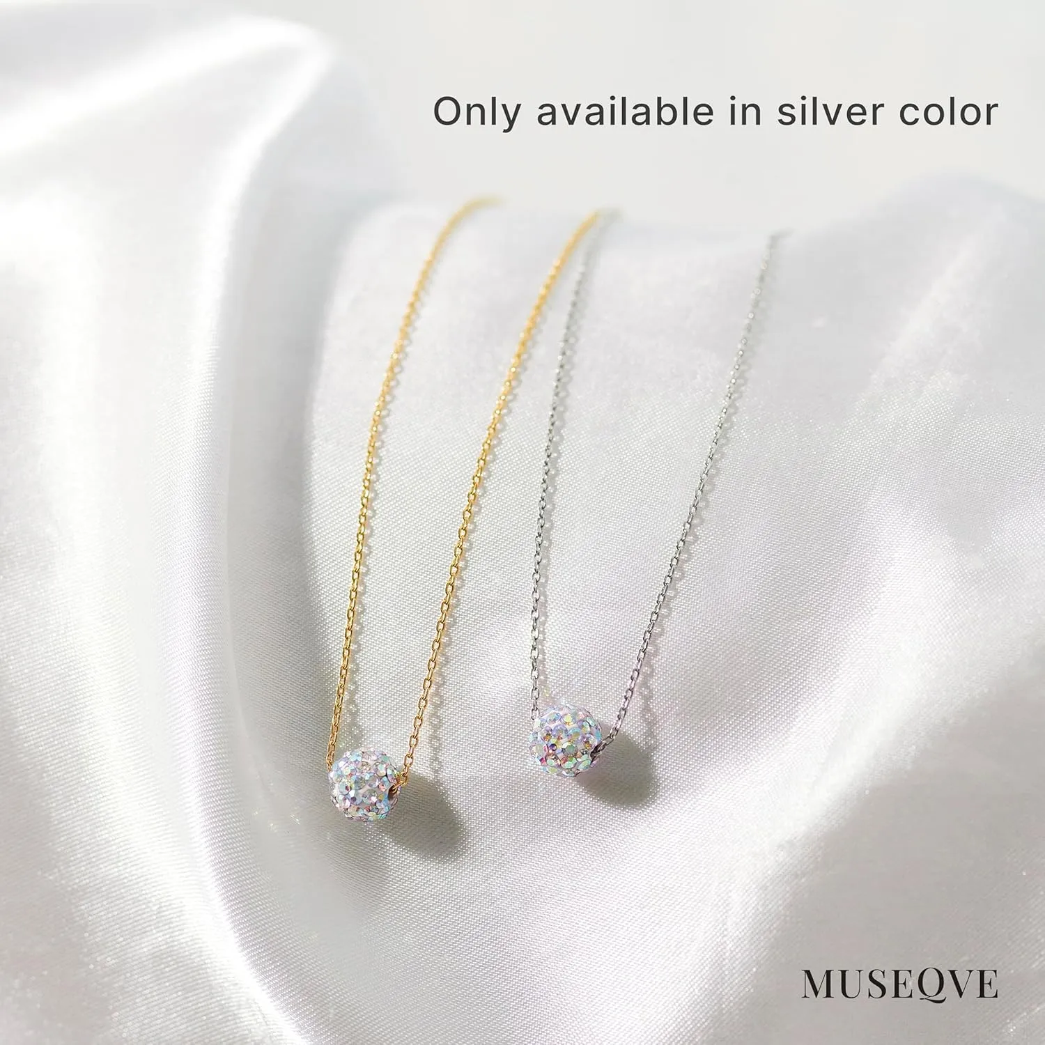 Dainty Bling Bead Ball Necklace for Women  Rhodium Silver Plated Cute Slide Mirror Disco Ball Charm Necklaces 15" - 17"  Rhinestone Pendant Choker Jewelry [MBN]