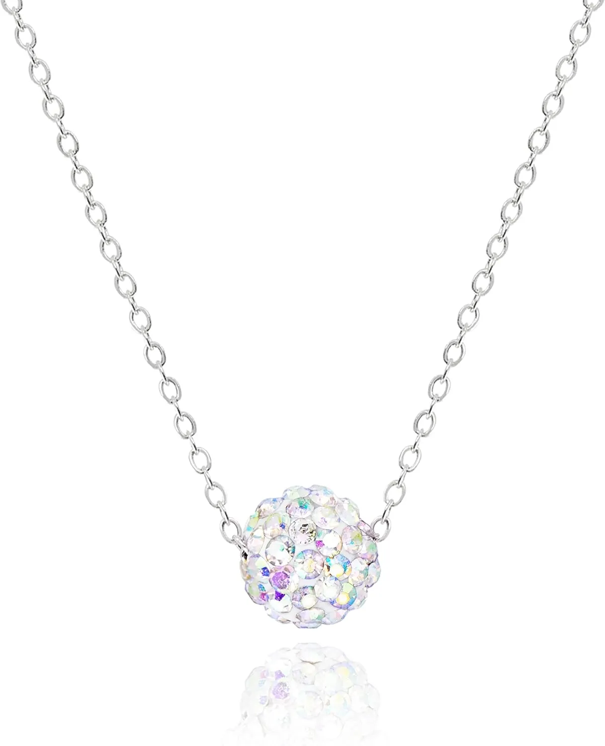 Dainty Bling Bead Ball Necklace for Women  Rhodium Silver Plated Cute Slide Mirror Disco Ball Charm Necklaces 15" - 17"  Rhinestone Pendant Choker Jewelry [MBN]