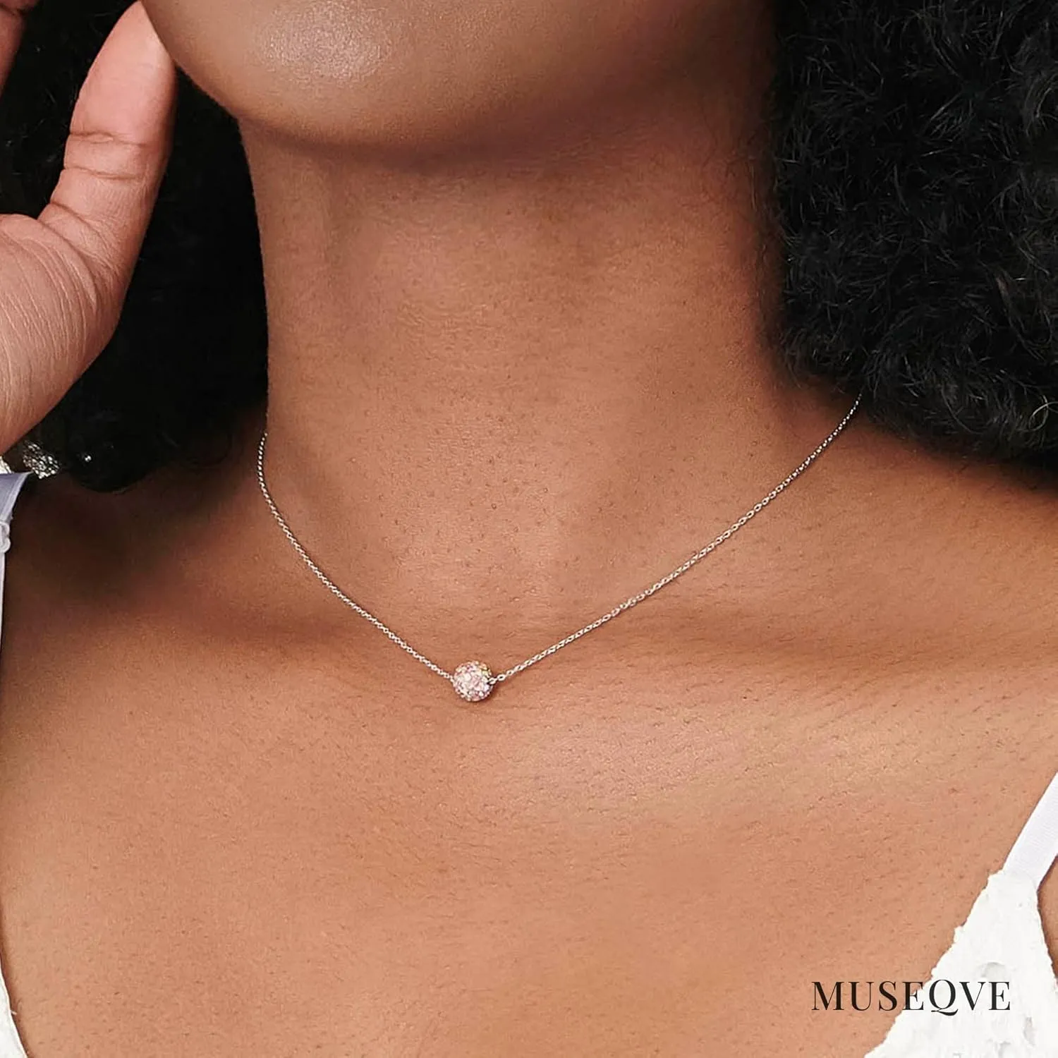 Dainty Bling Bead Ball Necklace for Women  Rhodium Silver Plated Cute Slide Mirror Disco Ball Charm Necklaces 15" - 17"  Rhinestone Pendant Choker Jewelry [MBN]
