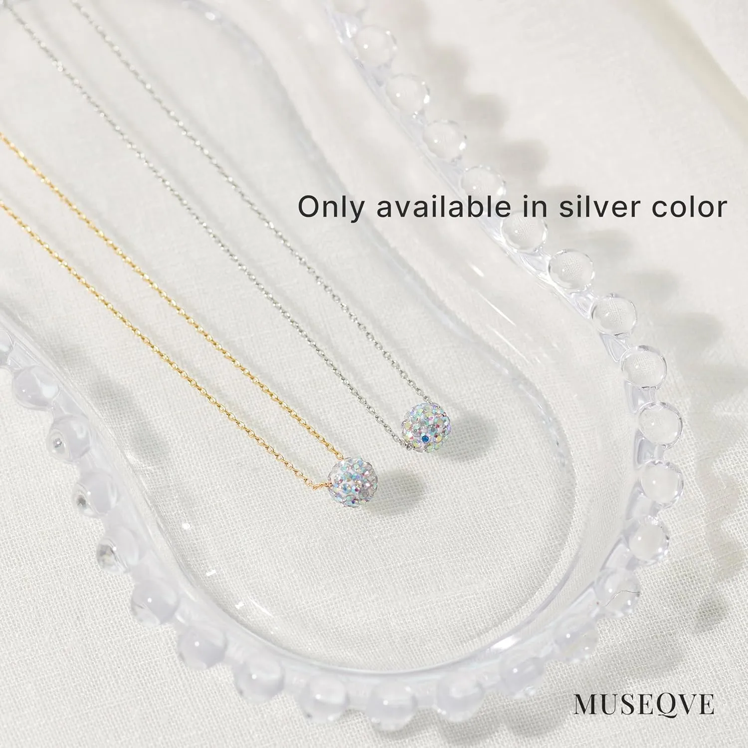Dainty Bling Bead Ball Necklace for Women  Rhodium Silver Plated Cute Slide Mirror Disco Ball Charm Necklaces 15" - 17"  Rhinestone Pendant Choker Jewelry [MBN]