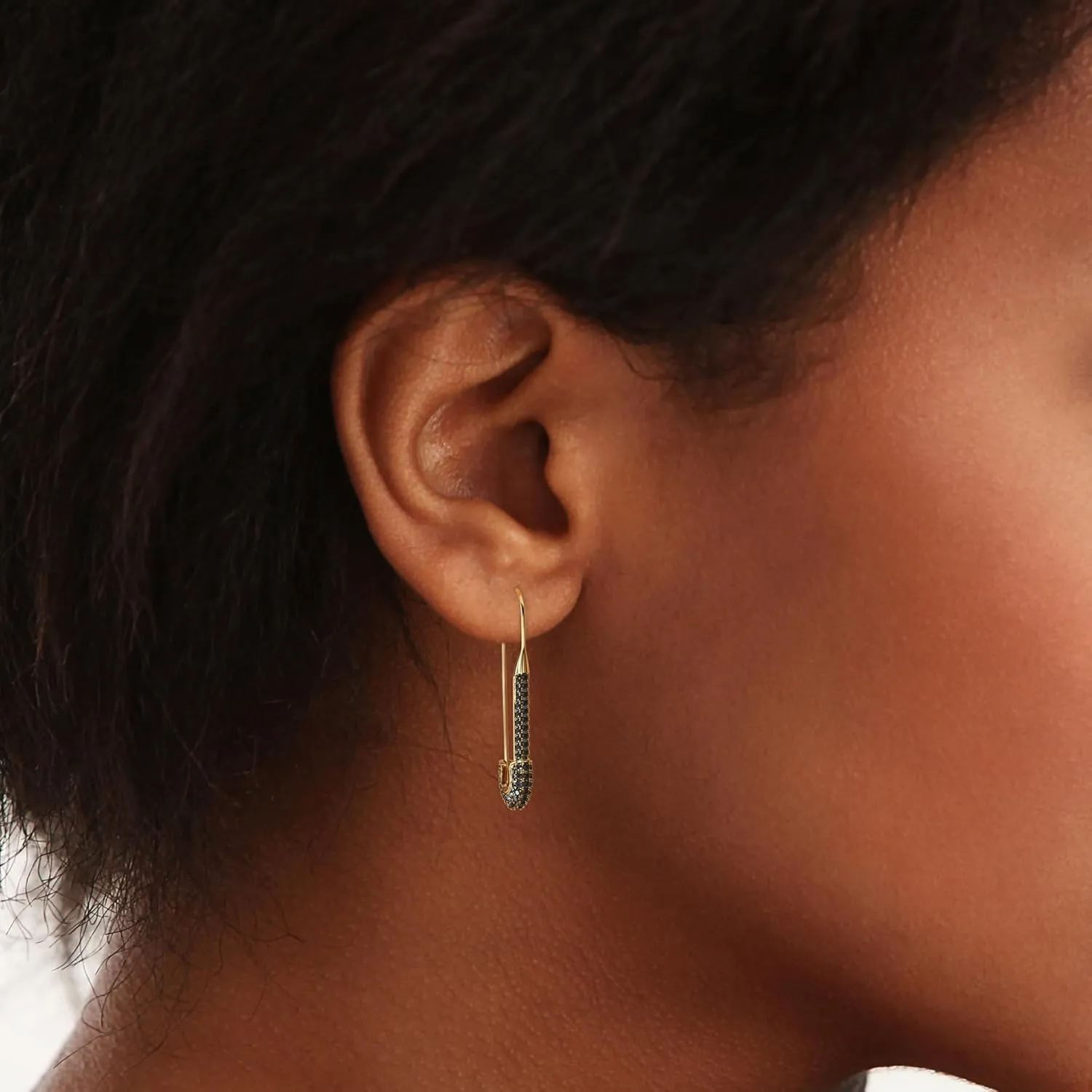 Dainty Cubic Zirconia Safety Pin Huggie Hoop Earrings - Hypoallergenic Golden tone Stud Post with Pave Crystal - Fashion Hoops Jewelry for Women and Girls